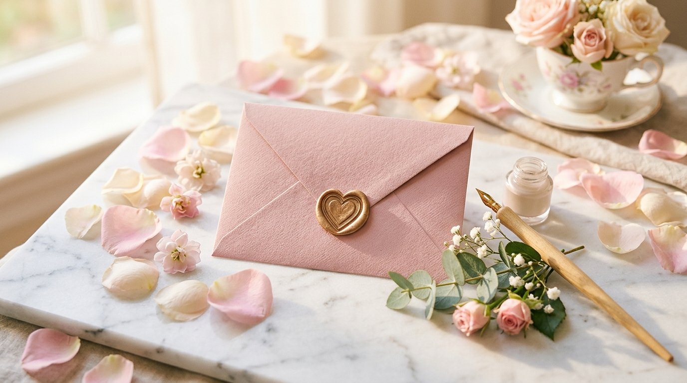 Envelope rosa com selo de coração e pétalas de rosa sobre mesa de mármore
