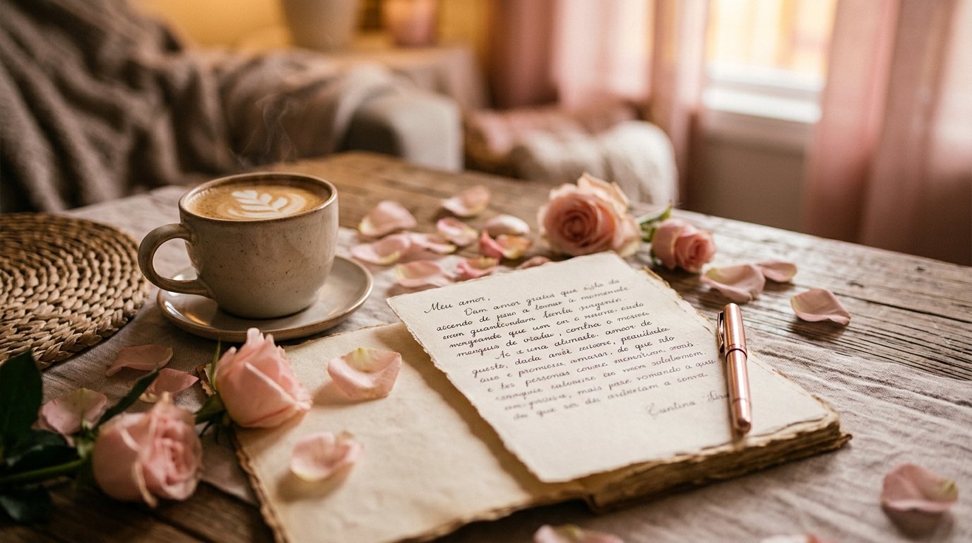 Carta de amor manuscrita ao lado de uma xícara de café e pétalas de rosa